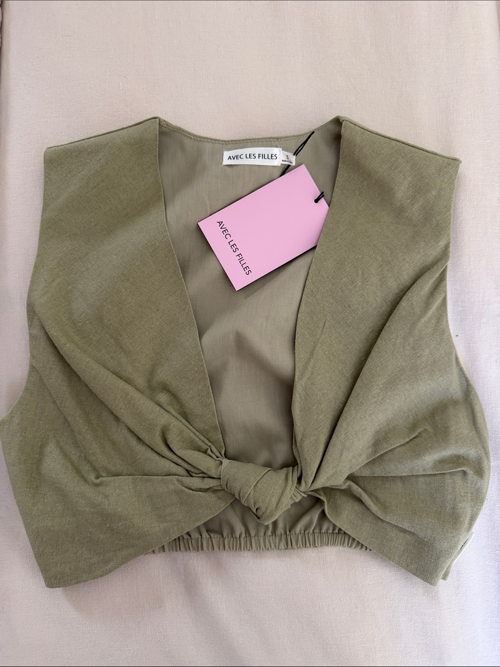 Avec Les Filles Olive Sage Linen Tie-Front Women's Crop Top S